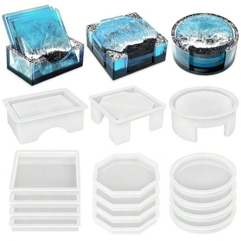 

15 Coaster Resin Molds Silicone Coaster Mold with Round Square Octagon Shape Holder Molds for Epoxy Resin DIY Art Craft Cup Mats