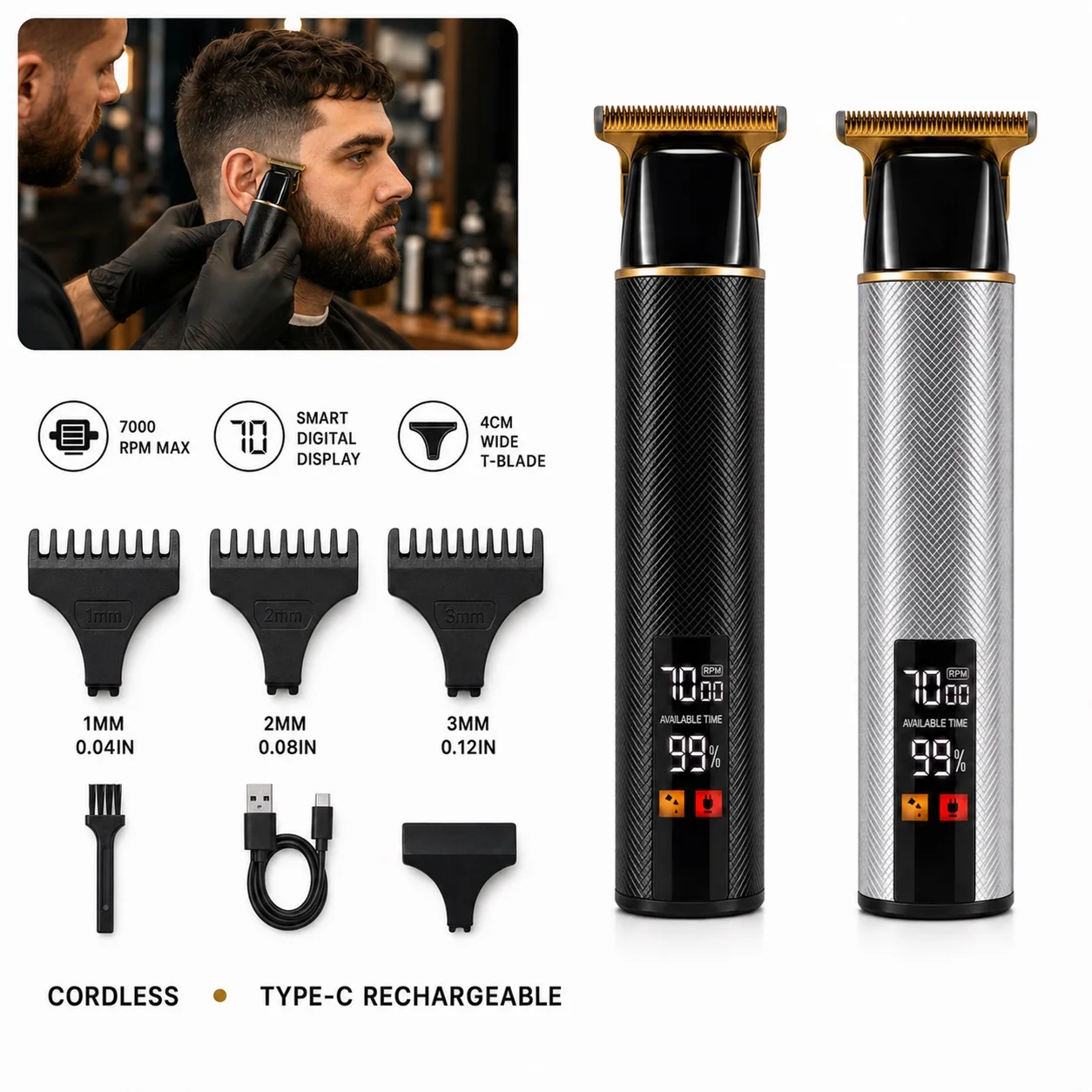 Professional Hair Carving Electric Clipper, Three-Speed Adjustable, with Lcd Smart Digital Display, Allows Real-Time Viewing of Speed and Remaining Battery 4cm Widened T-Shaped Blade Head, Easily Completes Trimming, Li