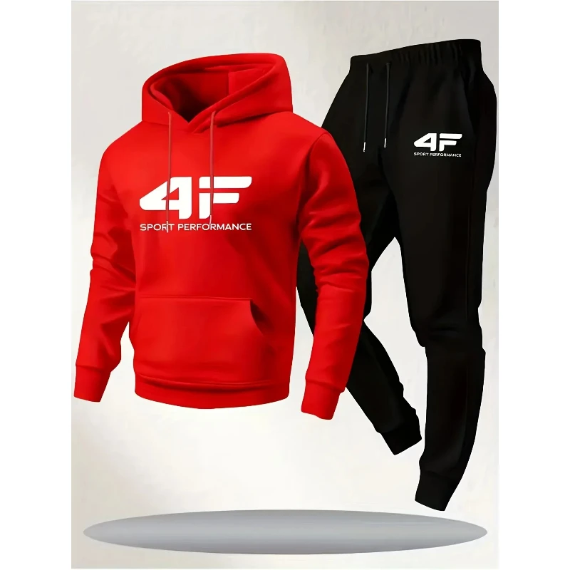 

Men Casual Sports Raglan Sleeve Hooded Sweatshirt Two-Piece Set 4F Print Two-Tone Sweatshirt Casual Versatile Trendy Hoodie Set