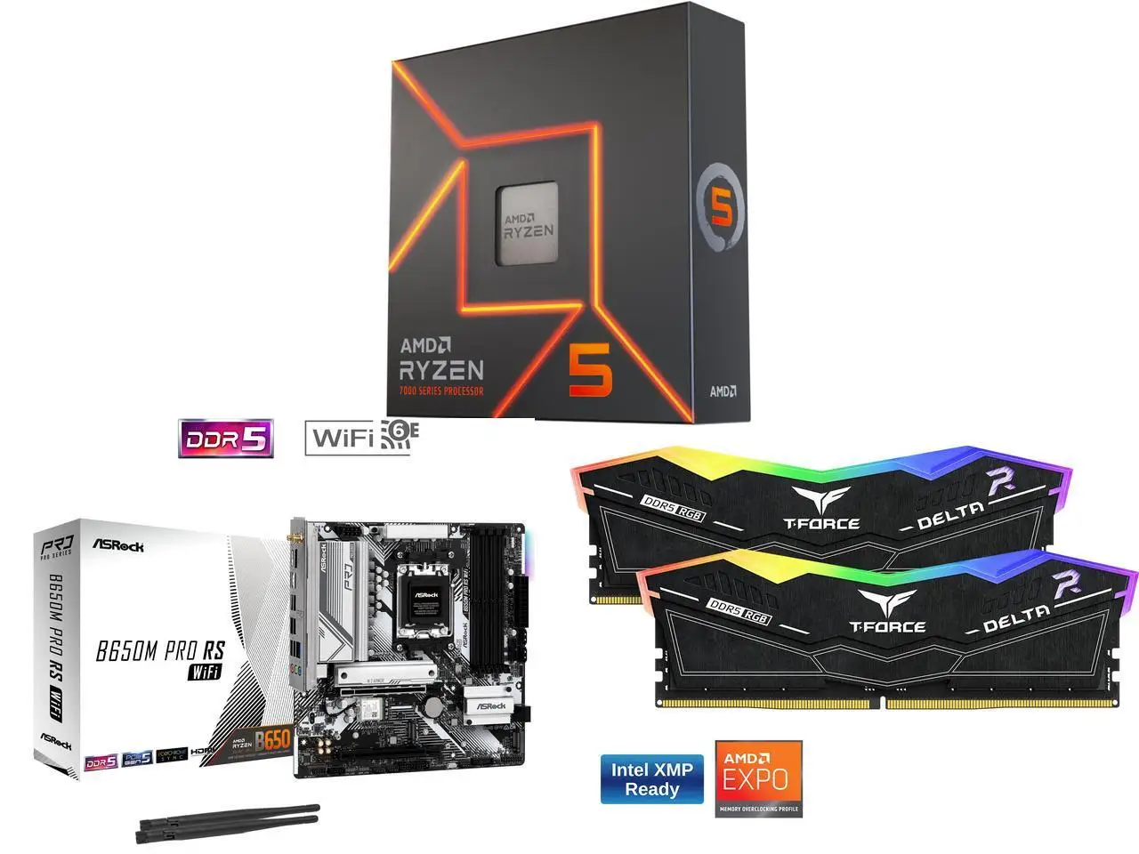 CPU Motherboard Memory Combo -  AMD Ryzen 5 7600X Bundle with  ASRock B650M Pro RS WiFi  and Team Group FF3D516G6000HC38ADC01