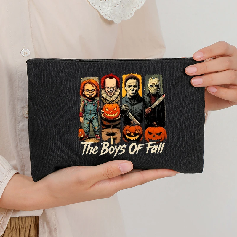 

Halloween Gift Makeup Bag with Retro Horror Design, Classic Movie Villains and Pumpkin Decor, Women Vintage Comic Cosmetic Case