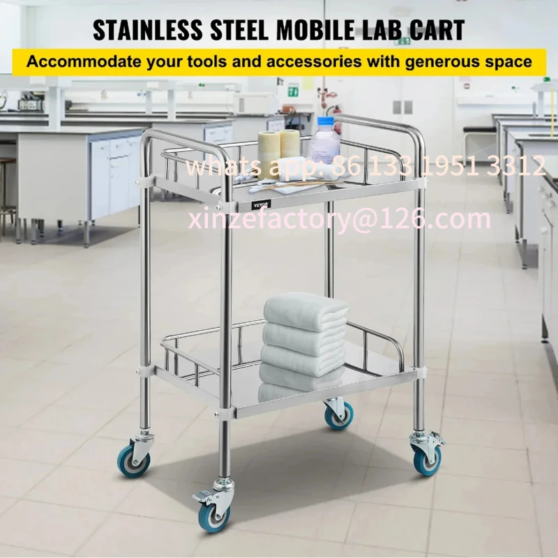 Troli Perawatan Stainless Steel 2 Rak yang Dapat Disesuaikan, Troli Instrumen Tiga Lapis