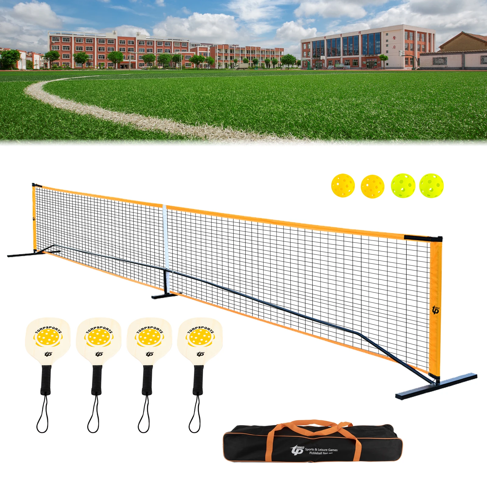 4 Outdoor Pickleballs and Carry Bag Portable Pickleball Net Set with 4 Pickleball Paddles