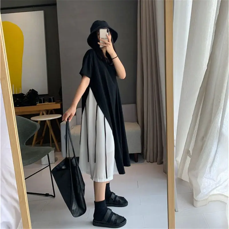 Oversized Summer Fashion Korean Patchwork Loose O-neck Short Sleeve Casual  Female Women Clothing  Irregular Pullover Dresses