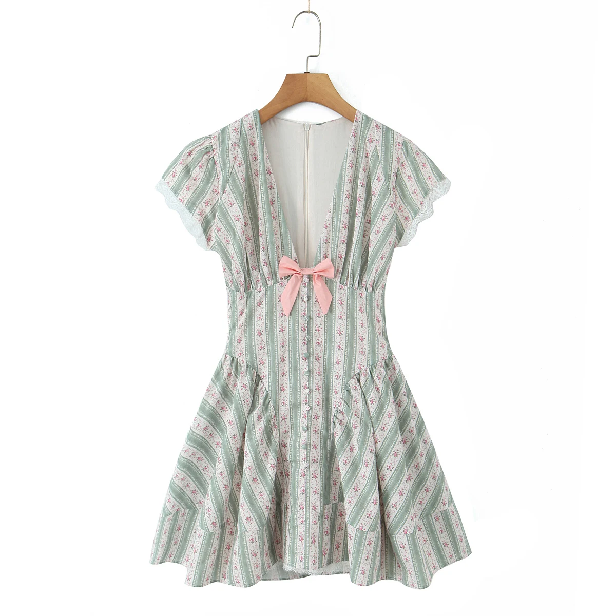 2025 Sexy Floral Striped Bow Deep V Collar Spliced Lace Short Sleeve Dress Women Low Waist Ruched Pleated Hem Swing Dresses Robe
