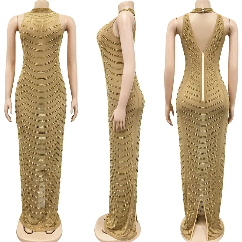 Sparkly Crystal Rhinestone Bodycon Maxi Dress Women Wedding Evening Backless Mesh See Through Night Party Club Birthday Dress - Image 5