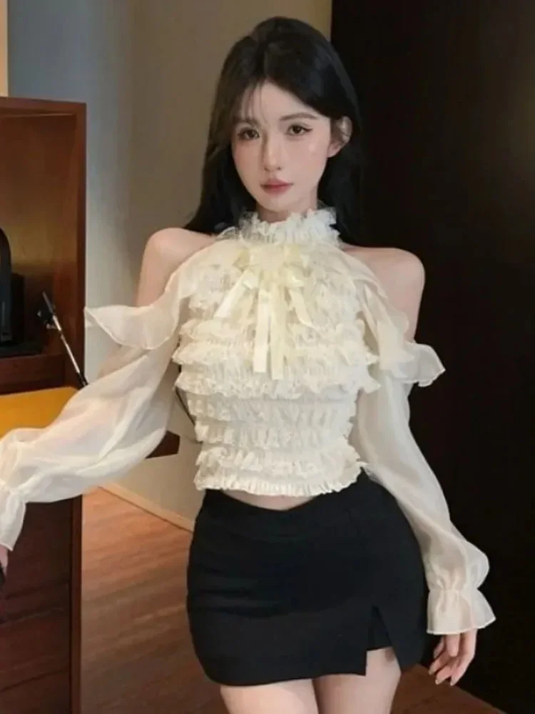 Femme chemises et chemisiers volants printemps automne court Blusas Mujer solide mode coréenne licou élégant rétro Camisas