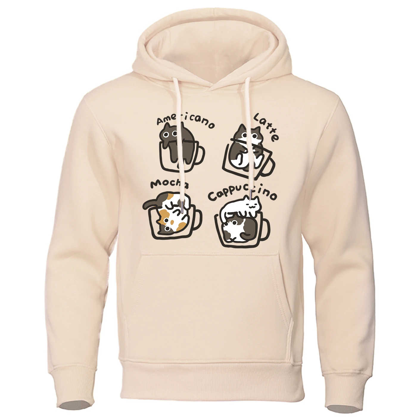 Sweat à capuche à col rond imprimé chat dans la tasse pour hommes, sweat à capuche chaud, vêtements confortables basiques, mode de rue hip hop, sourire, automne