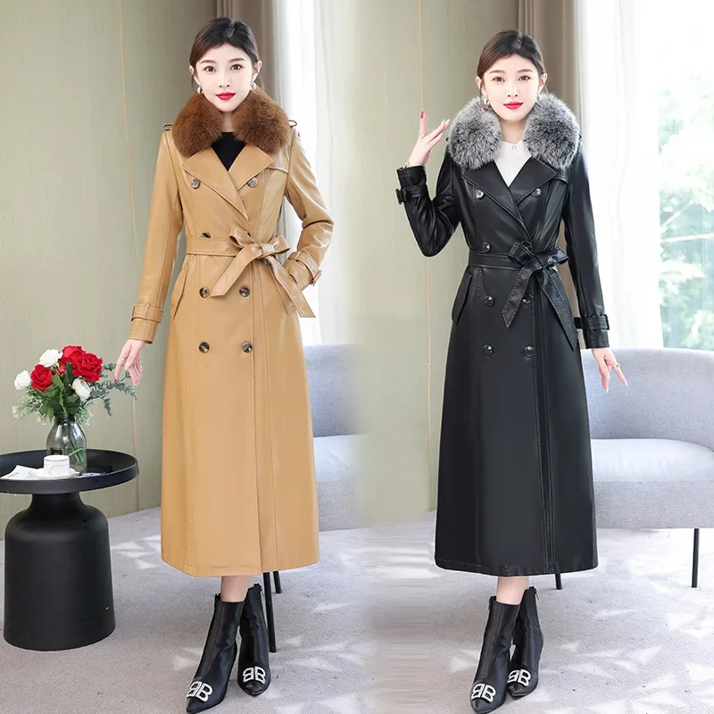 Winter Long Leather Coat Women Clothes Warm Fox Fur Collar Elegant Fashion Womens Jackets 7XL Belt Chaquetas De Cuero Mujer 2023