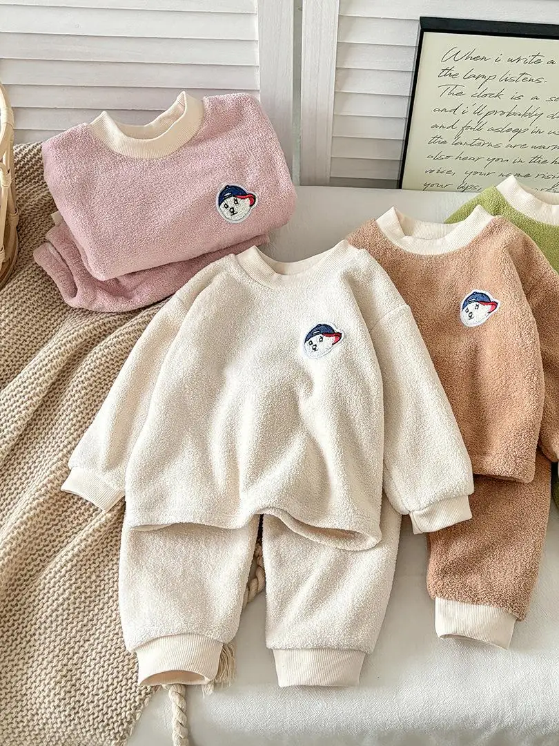 

ex Fce Lined Thiened Зимний пижамный комплект Cute Plu Warm Spwear для детей круглые длинные брюки Ne Long Sve повседневные ...