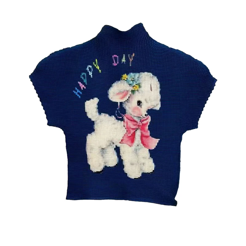 

Artist navy blue lamb print pleated shirt women's summer semi-turtleneck slim-fit elastic chic short-sleeved t-shirt