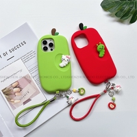 For iPhone 16 15 14 Plus 13 12 Pro Max 3D Cartoon Red Green Apple Caterpillar Hello Kitty Case With Strap Soft Silicone Cover