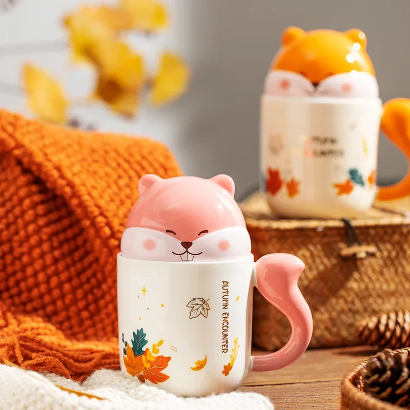 

450MLSquirrel Ceramic Mug Drinking Cup Cute Office Household Cartoon Cup with Handle and Lid Coffee or Milk Mocha Mug