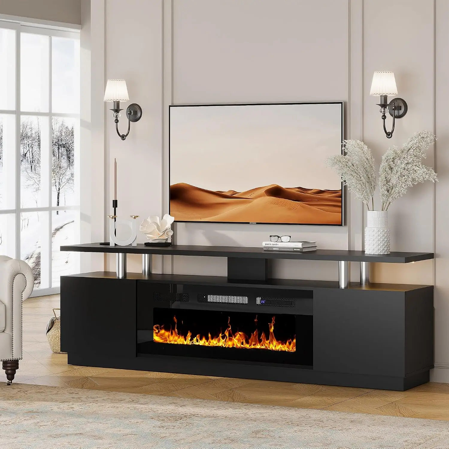 Tacleekii 70 Inch Fireplace TV Stand with 36 Inch Electric Fireplace, 12 Colors LED Lights Freestanding Modern TV Console with Storage Shelves (Black)