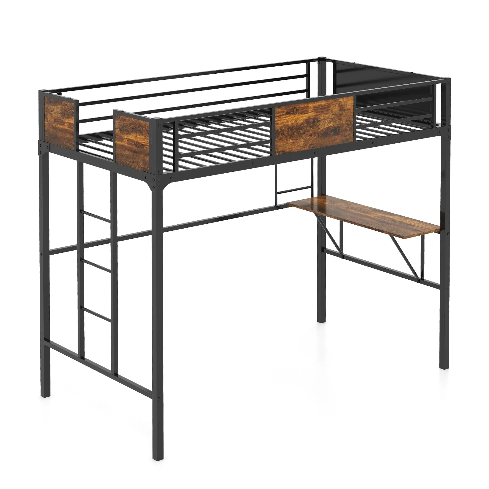 Cama con plataforma de metal sobre escritorio para computadora Cama tipo loft con barandilla de seguridad y escalera