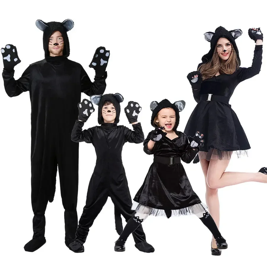 

Halloween Purim Party Costumes Family Matching Animal Black Cat Costume Cosplay Jumpsuit For Adult Kids Girl Fancy Dress
