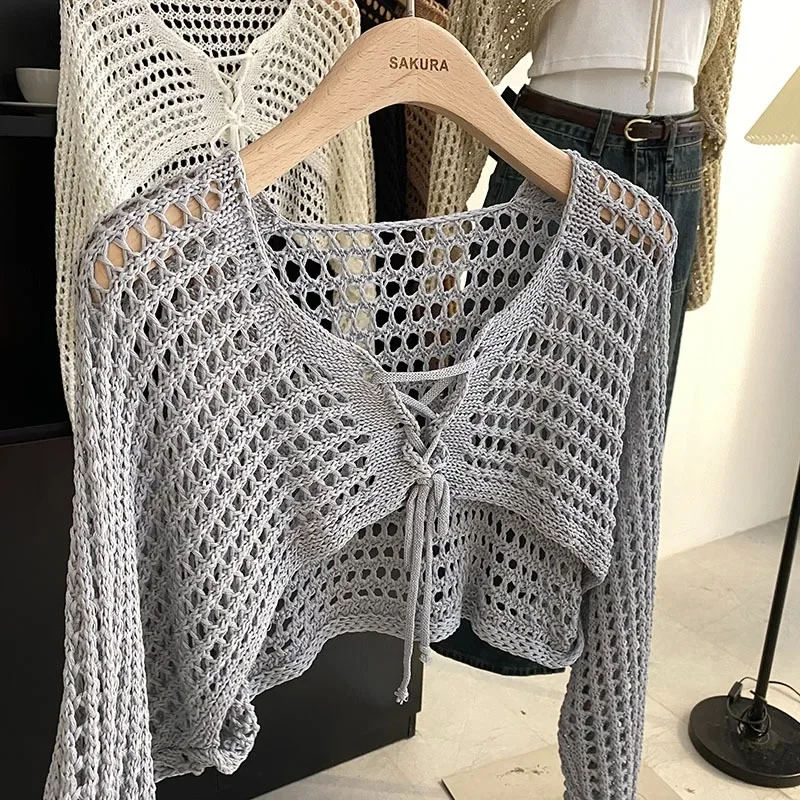 Crochet Cardigan Women\'s Long Sleeve Tie Front Open Knit Mesh Top Summer Beach Bikini Cover Up 90s Aesthetic Outfit