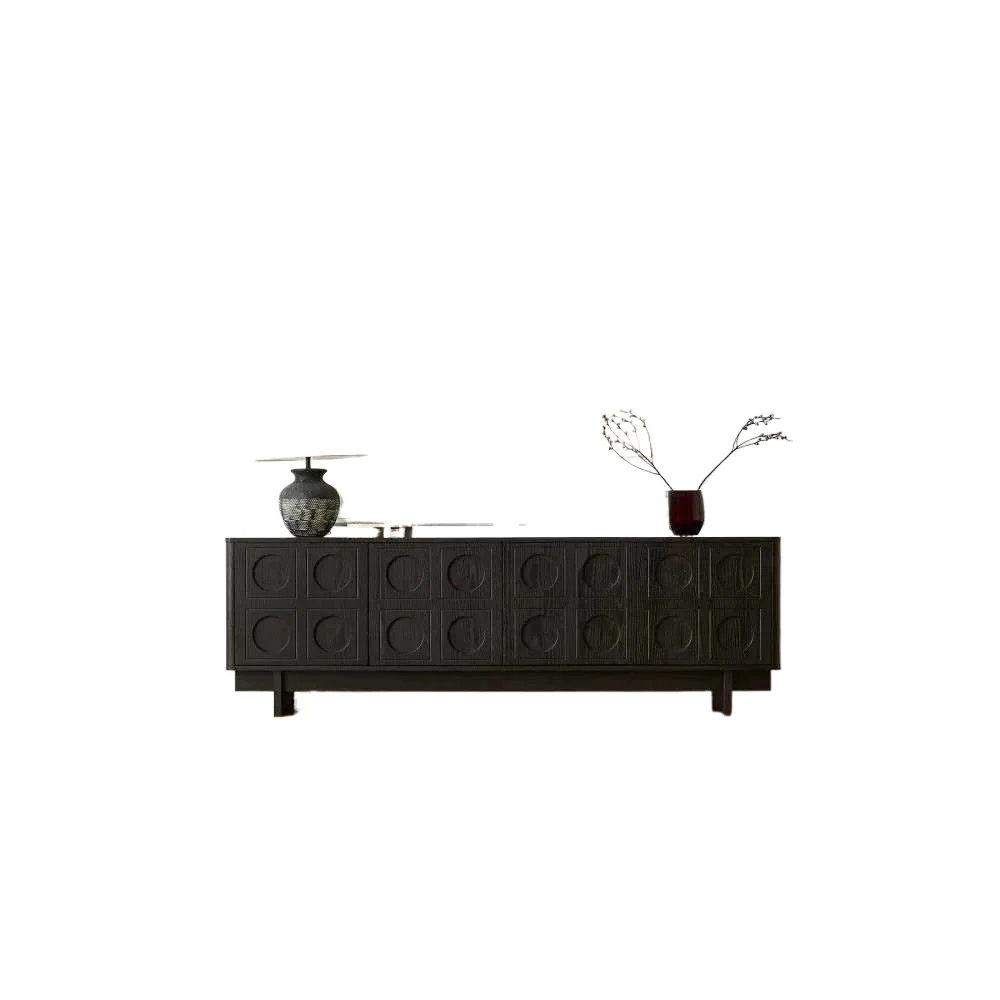 

Nordic French black solid wood TV cabinet, medieval carved log living room floor storage cabinet