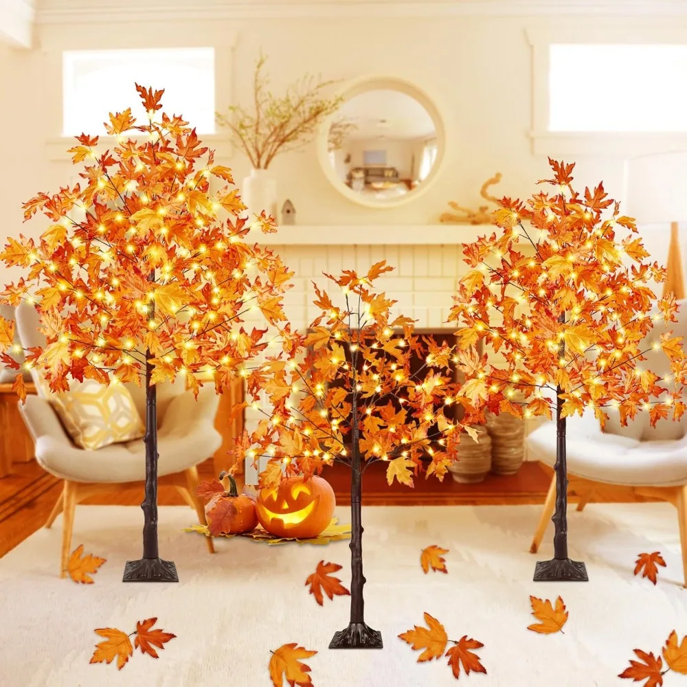 

3 Packs of 4FT, 5FT, and 6FT 300 LED Artificial Lighting Maple Trees, Timed Function for Autumn Decoration Maple Trees
