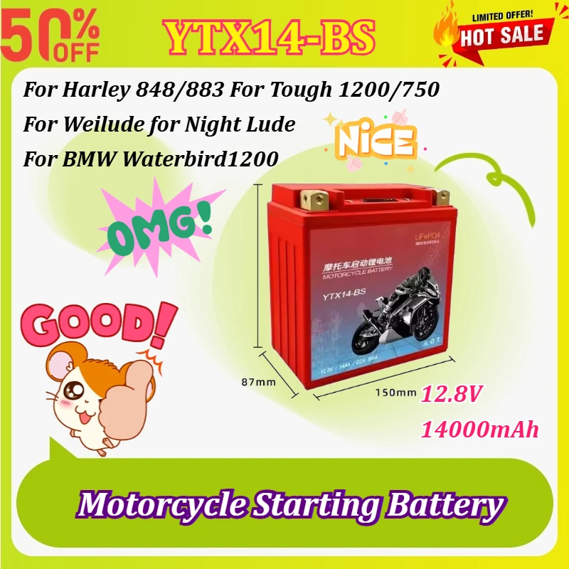 

YTX14-BS 12.8V 14Ah Motorcycle Scooter Starter Battery for Yamaha for Suzuki CCA 200A-400A Built in BMS Voltage Protection ATV