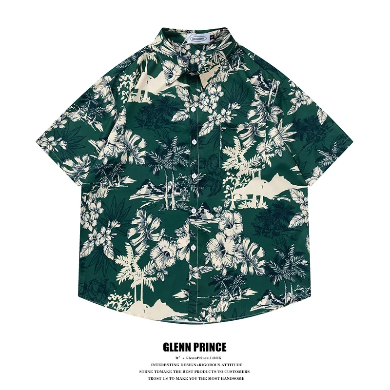 

GPstudio Summer Casual Floral Print Short Sleeve Men's Shirt Beach Half Sleeve Youth Fashion Loose Fit Iron-Free Shirt