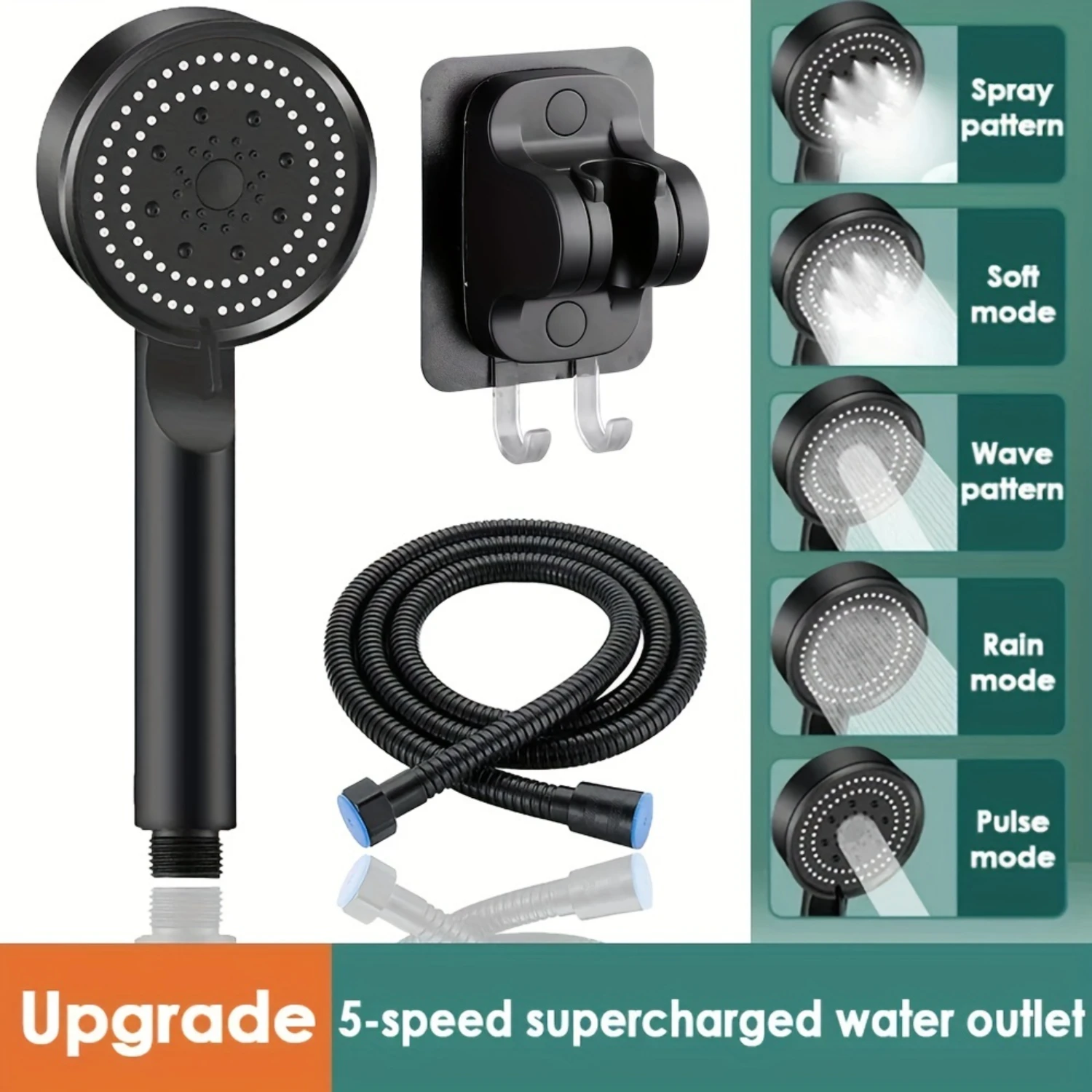 

5- Supercharged Water Outlet 1 Set of Shower Head with Wall Mount and Flexible Hose - Use, Adjustable, High Pressure, Massage
