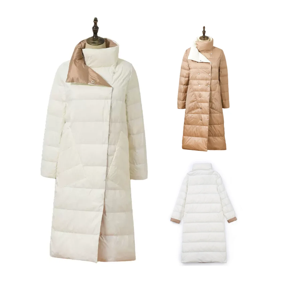 Abrigo de plumón de pato de doble cara para mujer, Chaqueta larga cálida con cuello levantado, de doble botonadura Parka, ropa de exterior, Abrigo