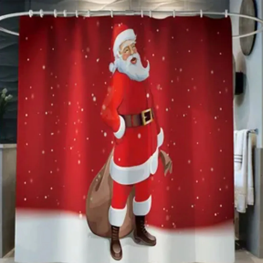 Cute Santa Print Shower Curtain Four-Piece Set Easy Installation Festival Props For Home Bathroom