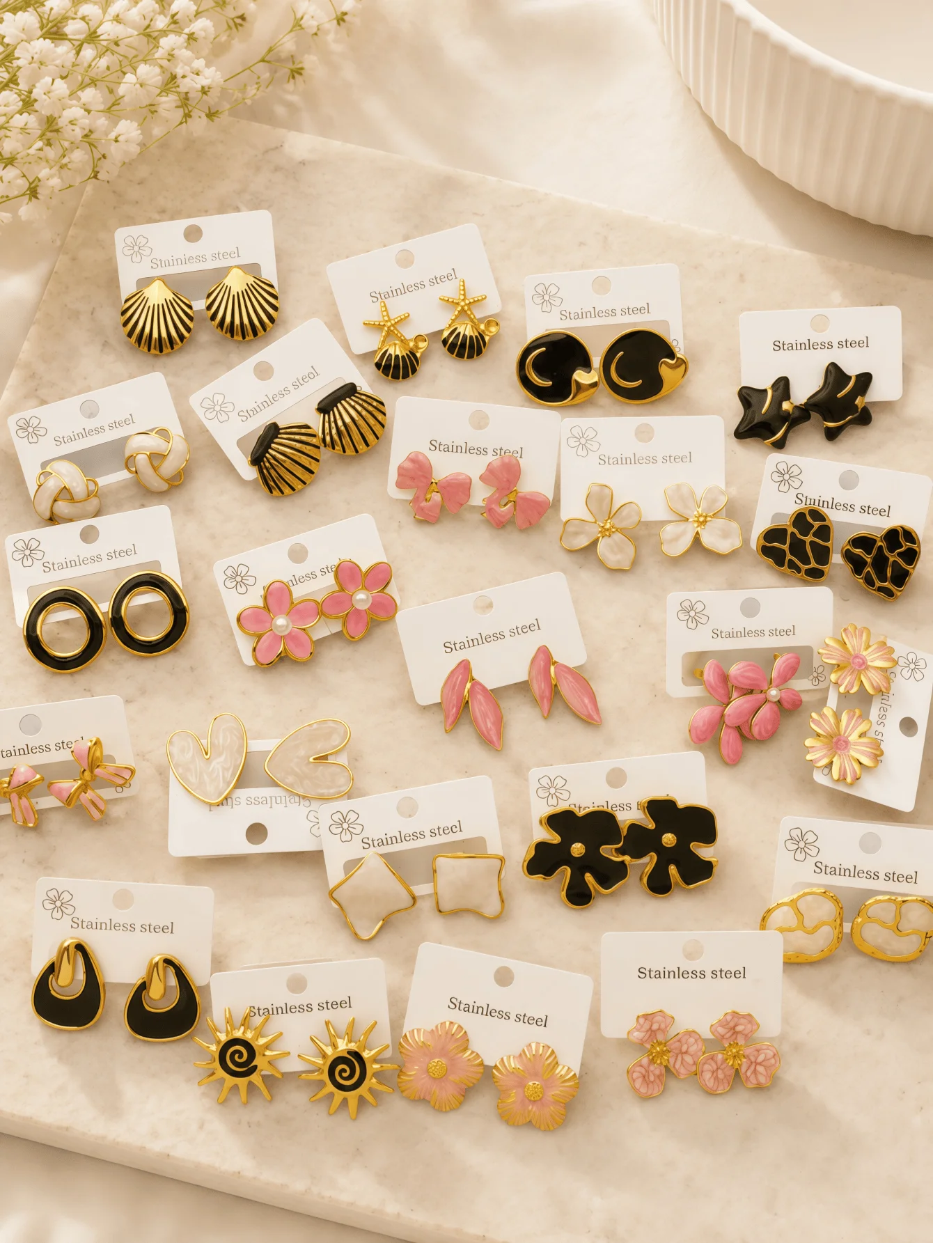 Stainless Steel Enamel Stud Earrings Gold Plated Pink Black Flower Shell Heart Bow Geometric Drop Oil Earrings Vintage Women Jew