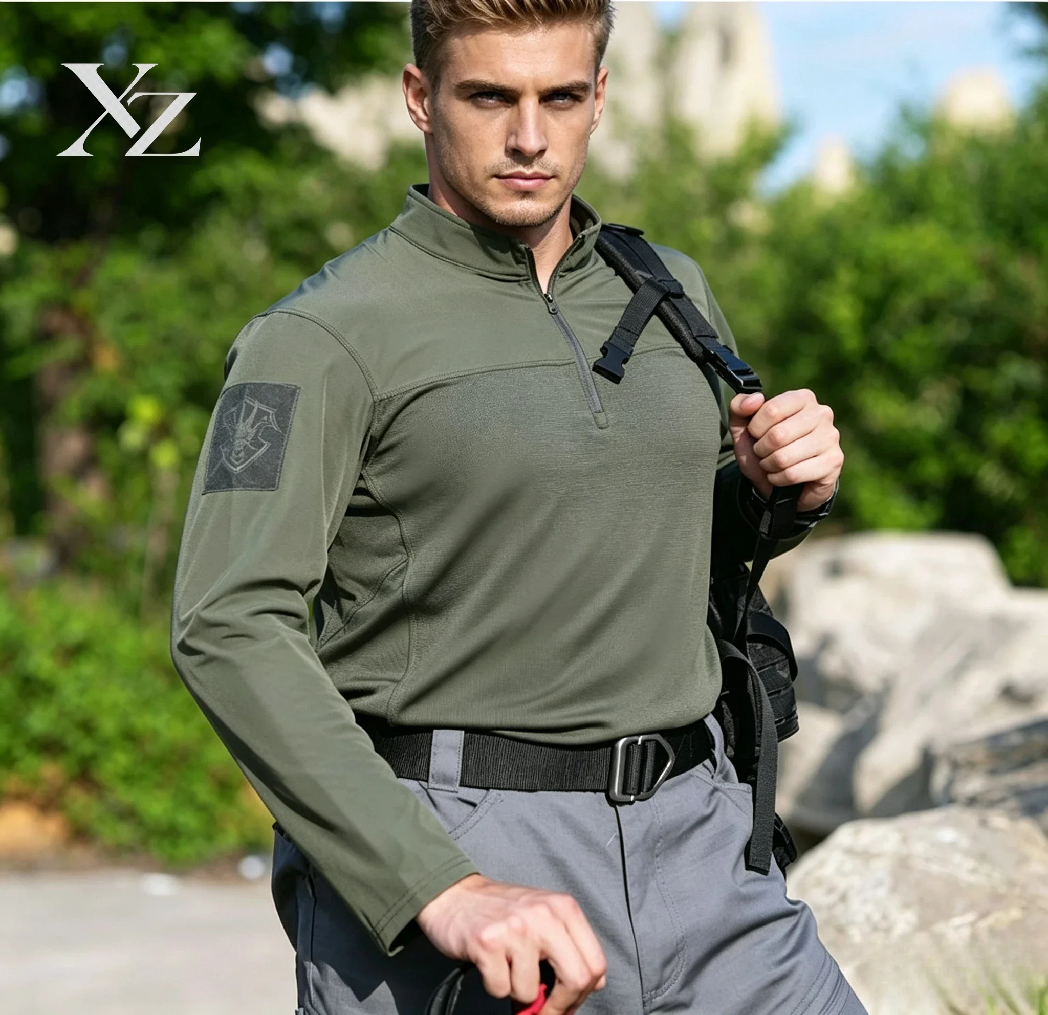 Men Long Sleeve Tactical Shirt Half Zip Stand Collar Patch Design Breathable Quick Dry Outdoor Hiking Training Combat Top