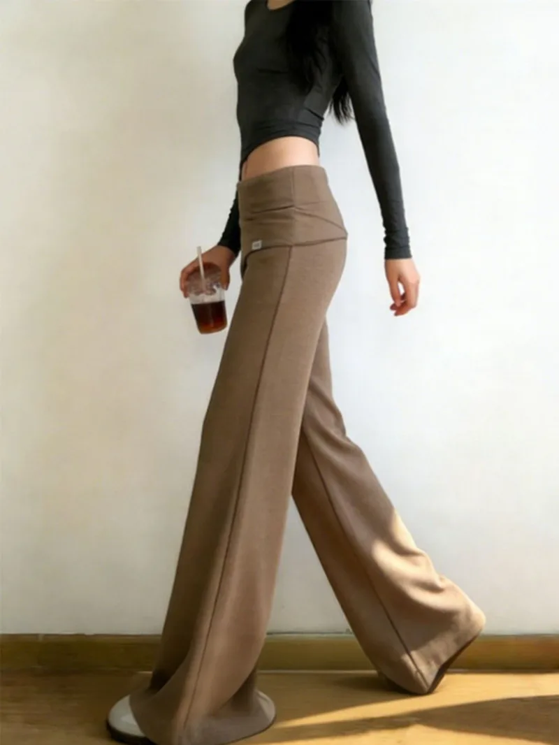 New Korean Fashion Casual Long Flare Pants Women Retro High Waist Loose Thin Splice Straight Trousers Solid Color