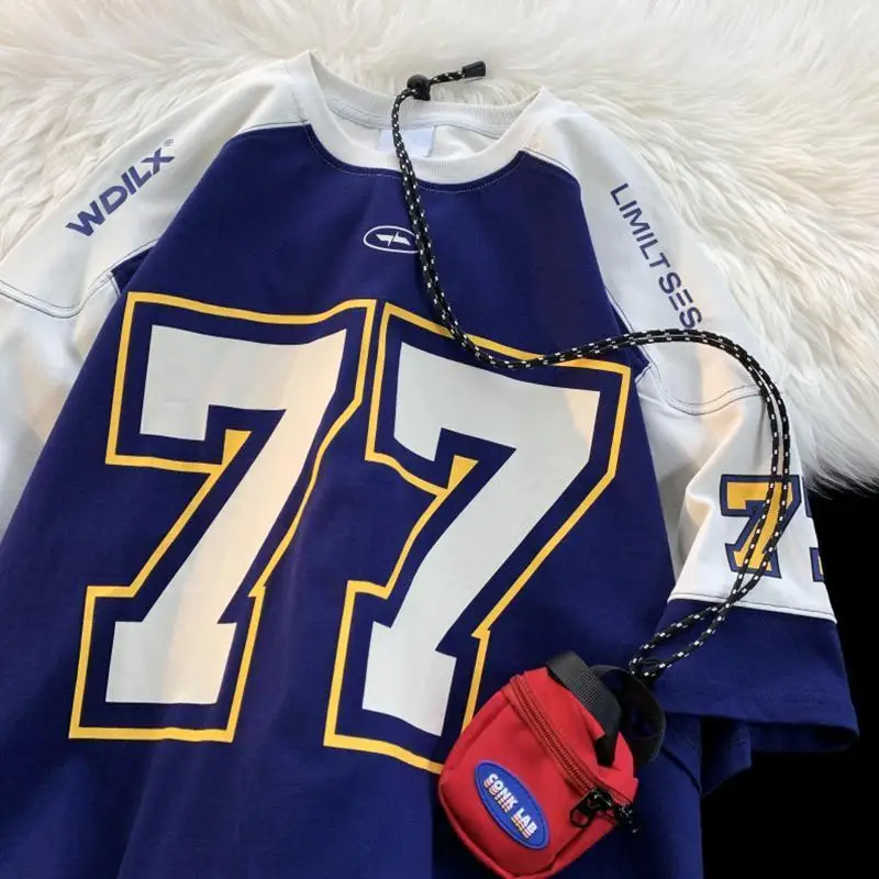 

Мужская летняя футболка-регби больших размеров в американском уличном стиле, с коротким рукавом, в стиле колор-блок, свободного кроя, спортивная, в стиле бейсбольной формы