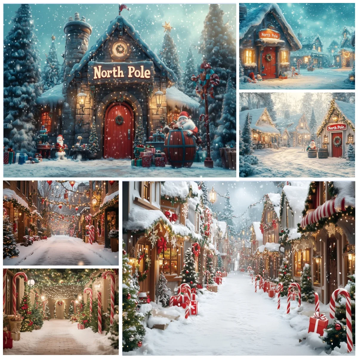 North Pole décorations de noël toile de fond Village enneigé Santa elfe bonbons décor pour famille enfants fête de vacances arrière-plans Photo