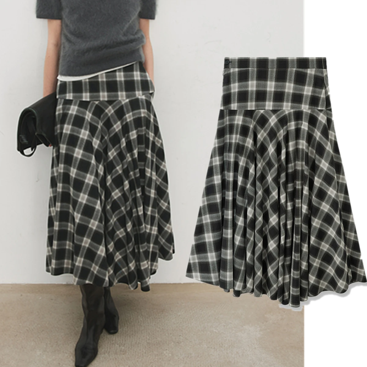 

Maxdutti 2026 Summer Nordic Retro Plaid Pleated Asymmetrical Skirt Minimalist Lazy Elegant Skirt Woman Clothing Faldas Skirts