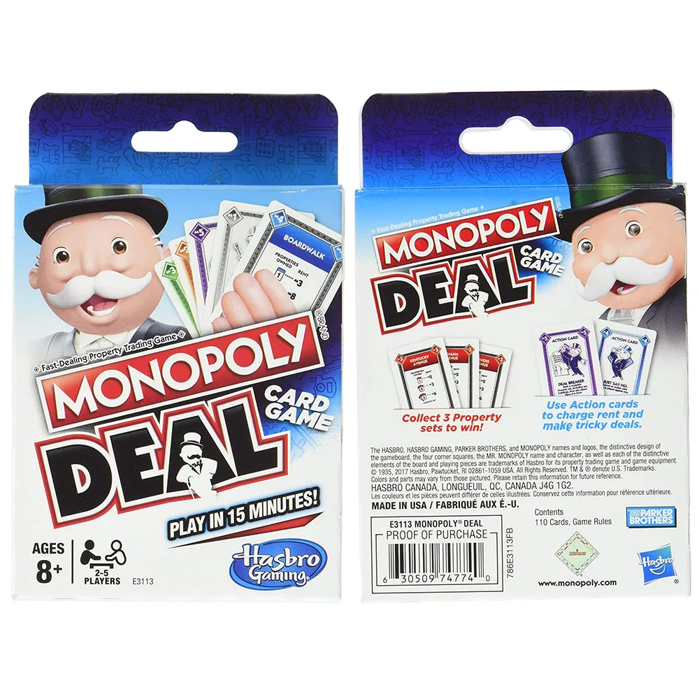 Hasbro Monopoly Deal Blue Box English Version Card Game Family Funny Entertainment Board Games Fun Poker Playing Cards Kids Toys