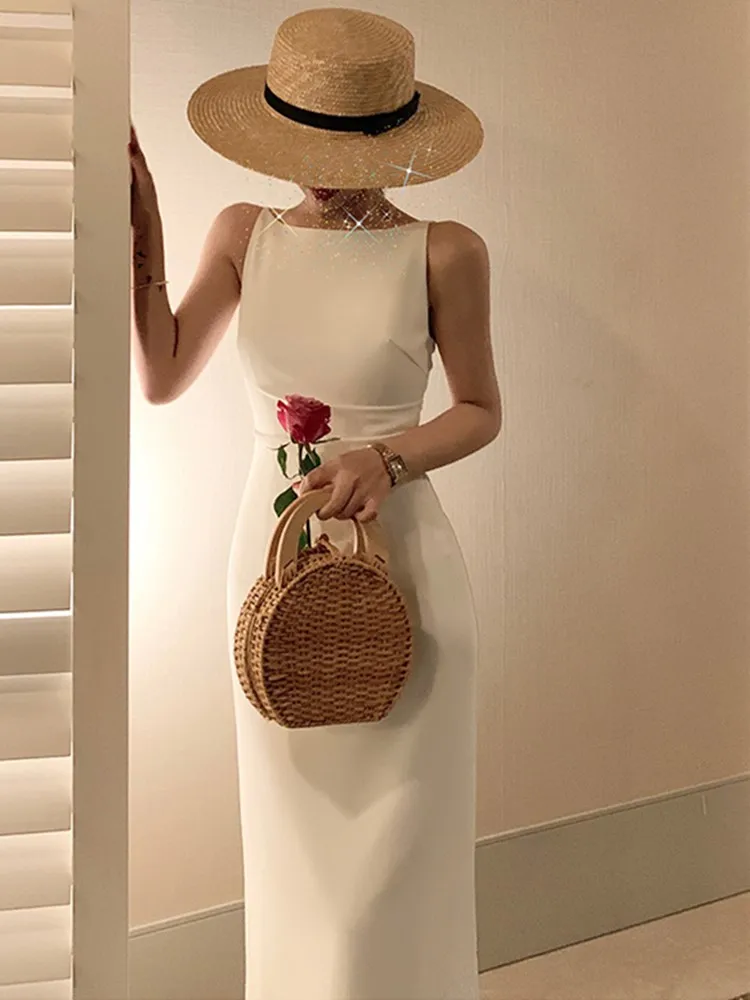 

Women's Spaghetti Strap Sleeveless Solid Sexy Dresses Summer New Fashion Office Lady Female Elegant Evening Party Midi Dress