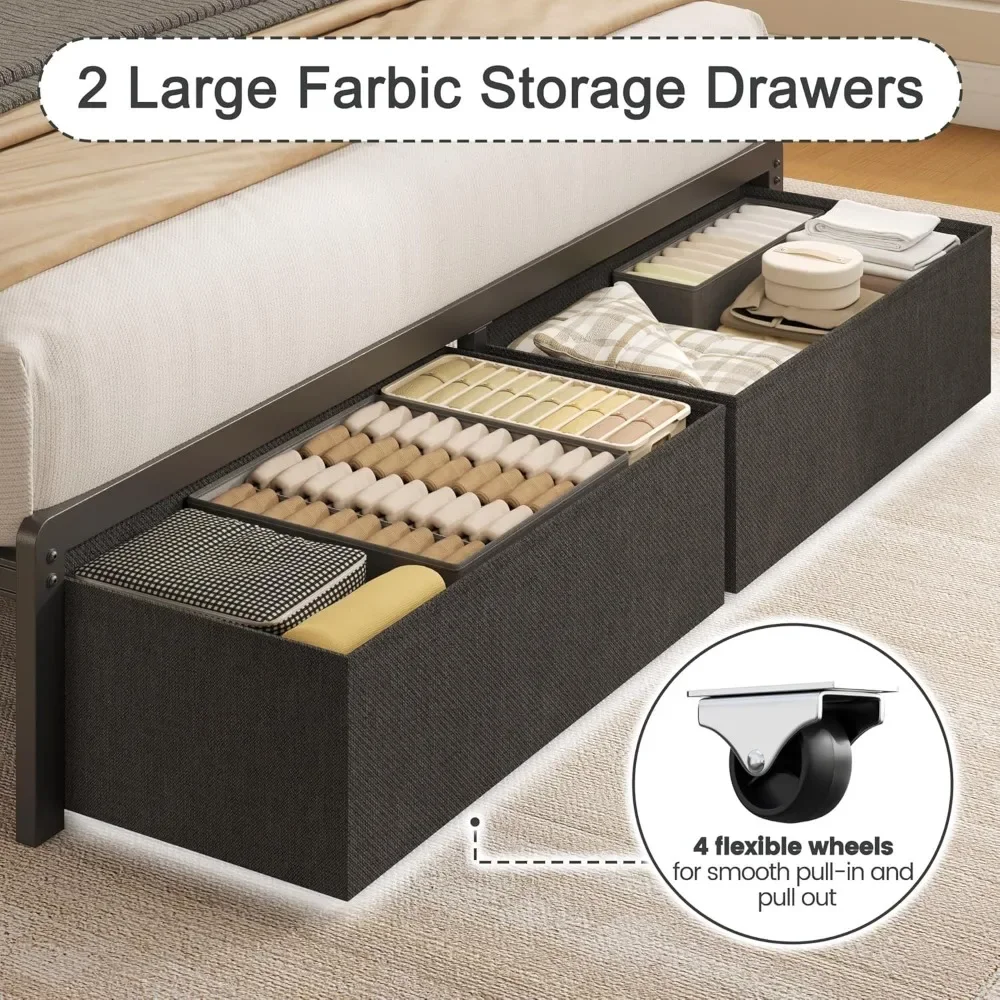 

Queen Bed Frame with Storage Drawers, Upholstered Headboard with Charging Station, LED Lights, Fabric Drawers with Wheels
