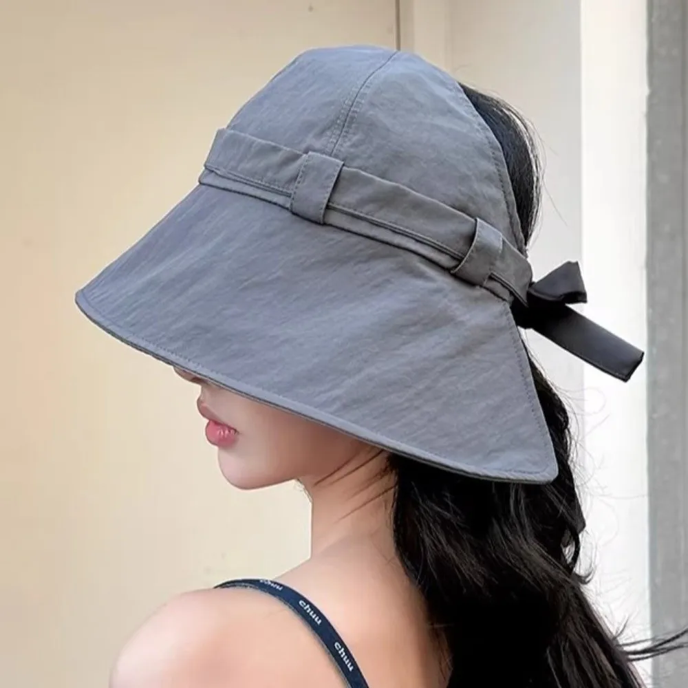 Lightweight Large-brim Bucket Hat Bow Can Tie Hair Sunshade Fisherman Hat UV Protection Half-Open Top Sun-protection Hat