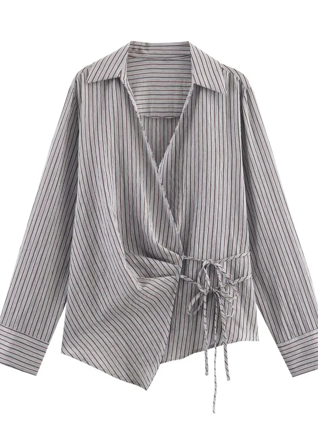 

Tangada Women Striped Wrap Shirt Blouse Long Sleeve Lady Tops