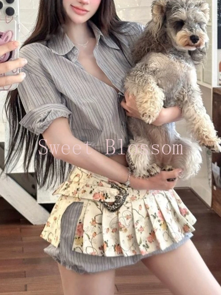 2025 trajes coreanos de puro deseo dulce para mujer, camisa a rayas elegante + Falda plisada de retales, nueva moda Y2k, conjunto de 2 piezas a rayas