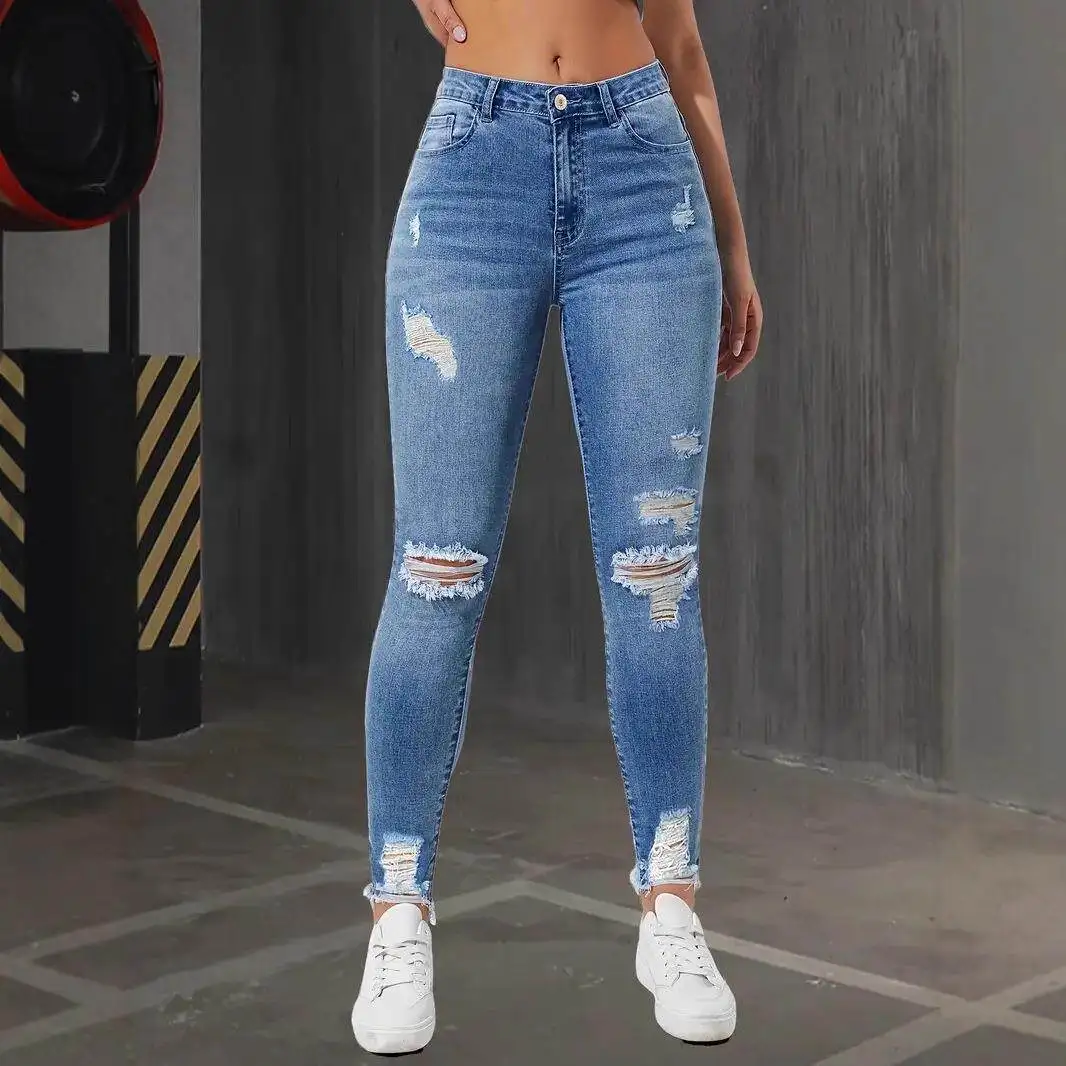 Fashionable Elastic Slim Fit Ladies Jeans Hole Design Long Pants Women's Stretchy Slimming Capri Length Autumn Season Style view 4