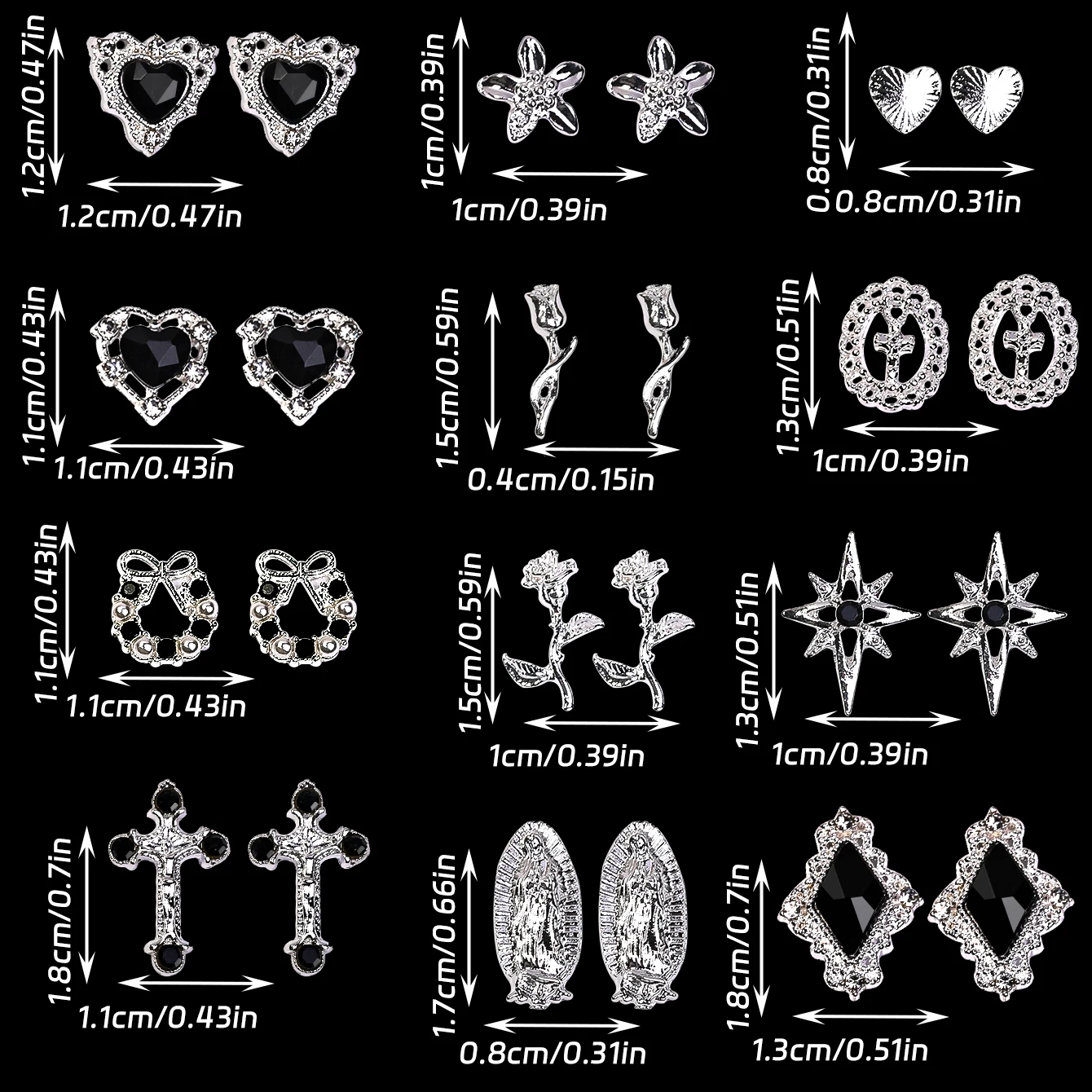 SANANIE 48Pcs Chic Vintage Rose Heart Cross Nail Art Charms Gothic Y2K Red Diamond Gold Silver Metal Style Nails DIY Decorations