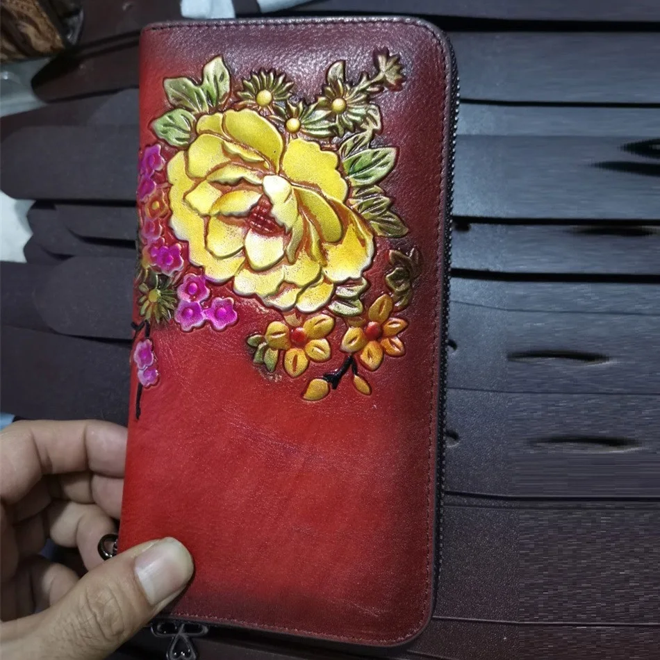 Vintage Real Cow Leather Purse Women Floral Ladies Wallet Genuine Leather Coin Purse Long Card Holder Clutch Bag