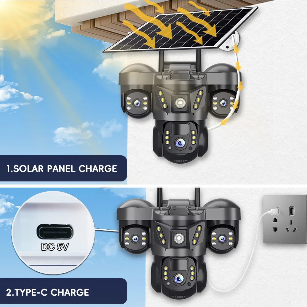 15MP Triple Lens PTZ 10X Zoom Solar Camera Outdoor Triple Screen 4G WIFI Auto Tracking Smart Home Wireless CCTV Cam Waterpfoof