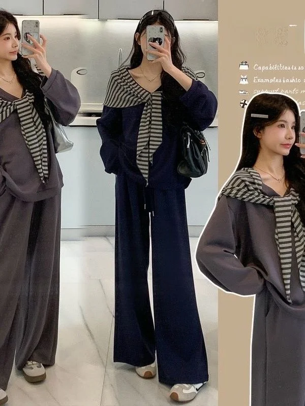 

Женская модная повседневная длинная толстовка размера плюс, широкие брюки, шарф, комплект ранней осени, толстовка из полиэфирного волокна, два...