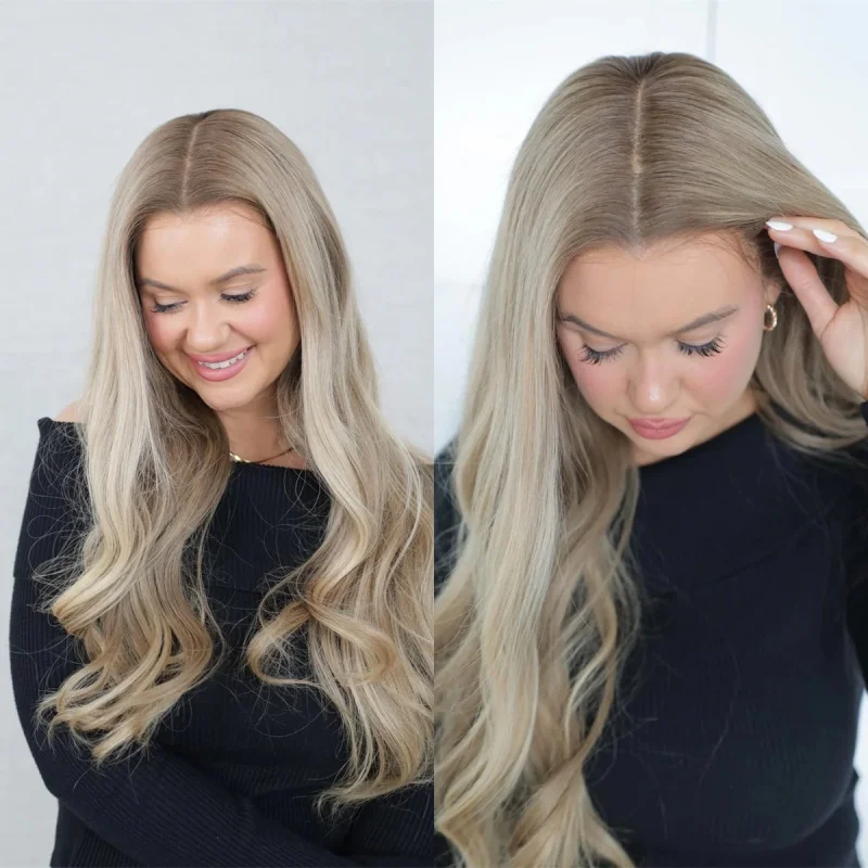 

Glueless Hairline Ombre Ash Blonde Highlight Wig with Roots Synthetic HD Lace Front Wig Small/Large Size Cap Real Wig Top Lace
