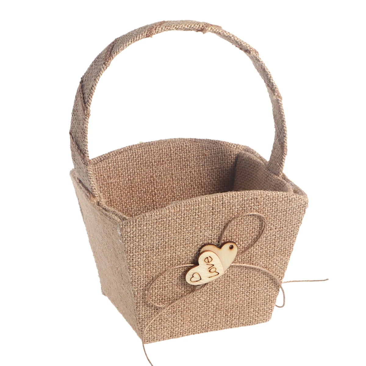 Vintage Wedding Burlap Hessian Flower Girl Basket Wooden Heart Wedding basket for flower girl Burlap flower basket