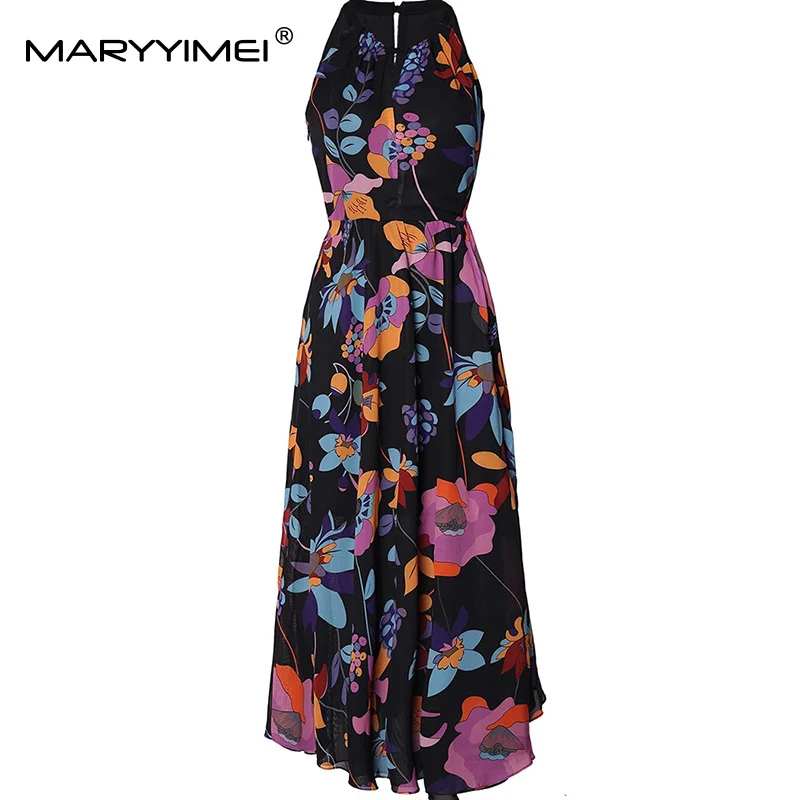 MARYYIMEI Vestido de moda con cuello halter y estampado floral, cintura alta, con cordones, vestido de fiesta sexy delgado