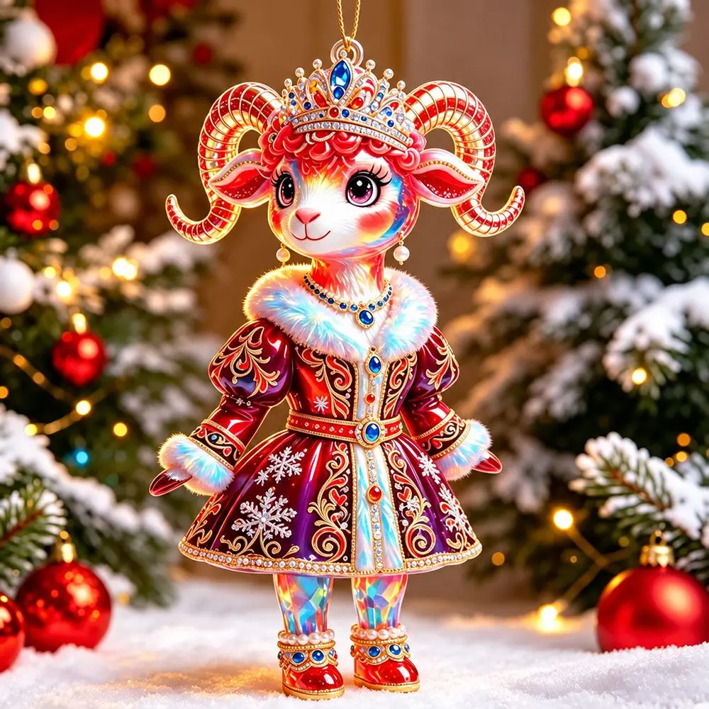 New 2D Flat Goat Hanging Ornament Acrylic Shining Goat Pendant Simulation Artificial Rhinestone Keychain Holiday Party Decor