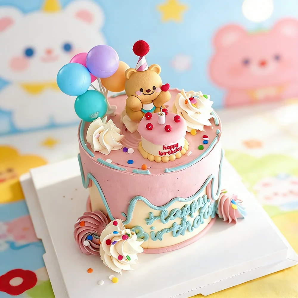 Korean Style Small Cake Decor Yellow Bear Statues and Balloon Shaped Cake Toppers for Kids Birthday Party Ornamental Props